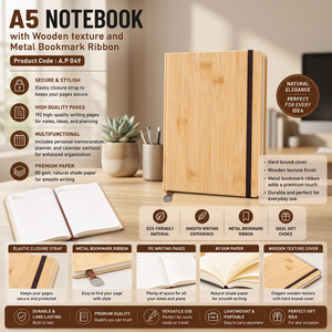 Premium <b>A5</b> Bamboo Planner <b>Notebook</b> Wooden Texture Hard Bound Sewing Bound Elastic Closure Metal Bookmark Ribbon Eco Friendly - Product Image 1