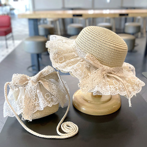 Nouveau filles chapeaux mode été dentelle fleur casquettes respirant chapeau de paille élégant enfants chapeau de soleil belle <span class=keywords><strong>pompon</strong></span> bébé <span class=keywords><strong>Bonnet</strong></span> sac ensemble - Product Image 2