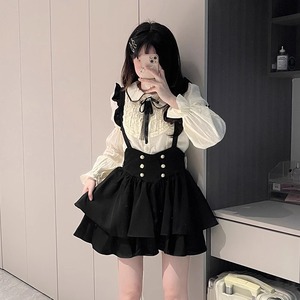 Chimelong WP-8050 Apricot Shirt Black Suspender Skirt Set Princess Sleeves Solid Color Casual Dress Two Piece Set - Product Image 1