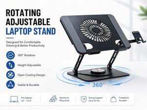 Nouveau support et socle tout-en-un pour ordinateur portable avec ventilateur de refroidissement, hub USB, design réglable, support pour téléphone, en acier carbone noir, jusqu'à 17,3 pouces - Product Image 1