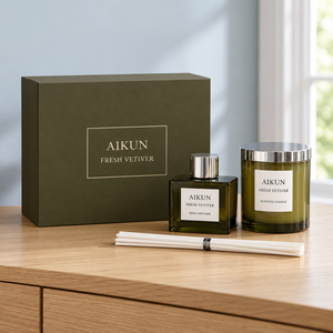 ชุดของขวัญน้ำหอมปรับอากาศในบ้าน Aikun Vetiver พร้อมแท่งไม้หอม เทียนหอม และกล่อง สำหรับวางบนชั้นวางสินค้าในร้านบูติก - Product Image 2