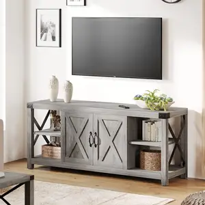 Uzun TV standı ahır kapıları ile depolama ve raflar gri Modern TV konsol dolabı