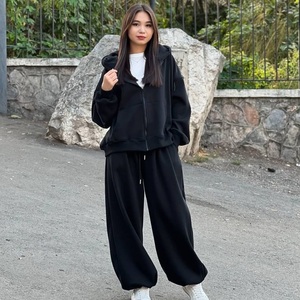Premium Trendy High Quality Regular Fit Heavyweight Cotton Full Zip Wide Leg Print Two Piece Casual Breathable Tracksuit Hoodie - Product Image 1