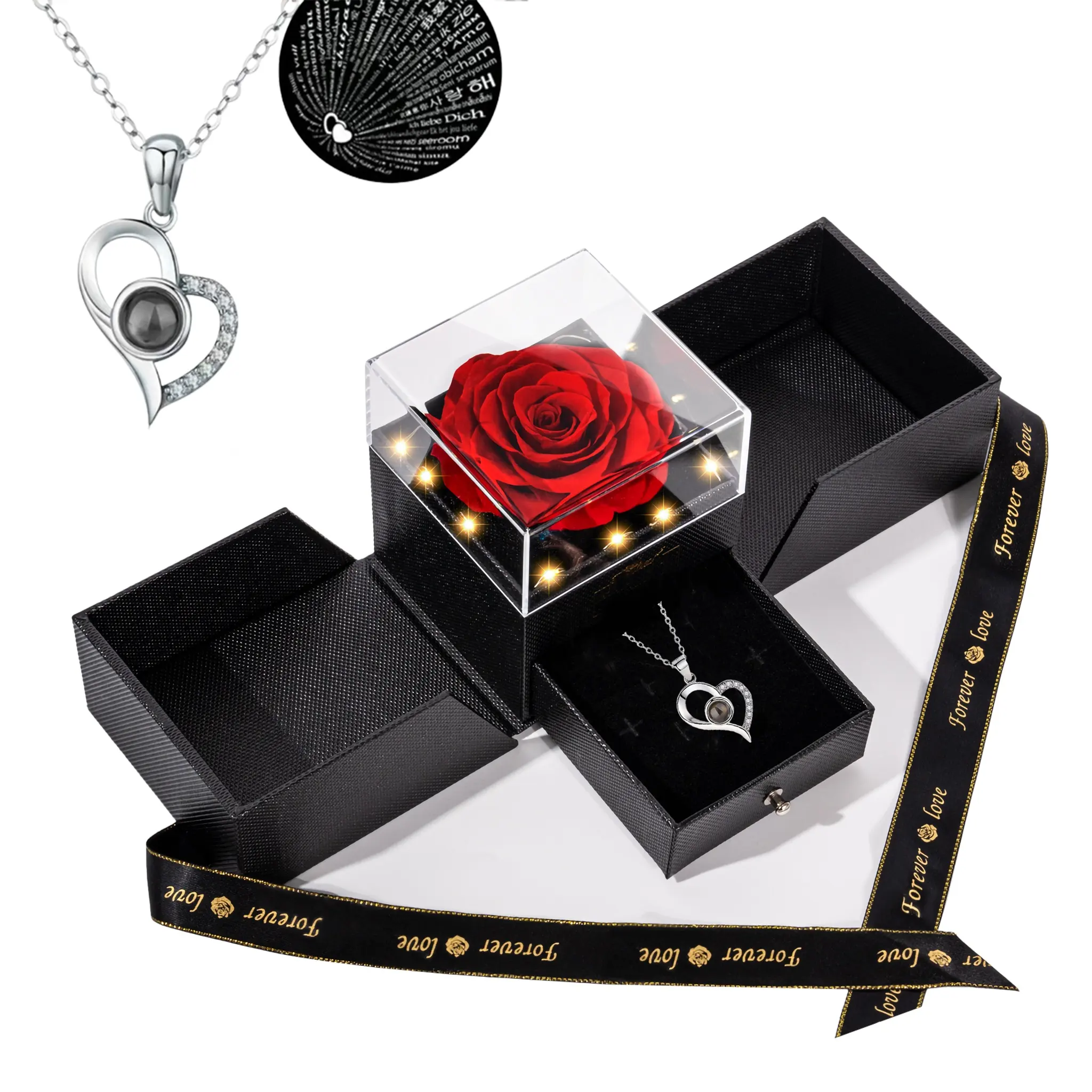 San Valentin Moeder Dag Led Rode Onsterfelijke Eeuwige Bloemen Acryl Sieraden Doos Geconserveerde Rozen Met Ik Hou Van Je Ketting Cadeau Set