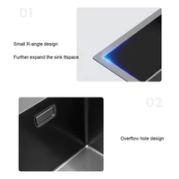Évier de cuisine avec robinet multifonction cascade, touches piano, surface noire nano, évier de cuisine SUS304