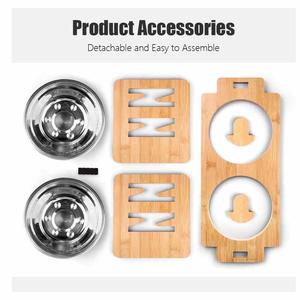 Tempat Makan dan Minum Hewan Peliharaan dari Kayu dengan Alas Tinggi dan Mangkuk Stainless Steel untuk Anjing dan Kucing - Product Image 3