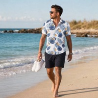 Chemise Hawaïenne Homme Personnalisée OEM ODM, en Polyester à Imprimé Feuilles Tropicales, Col Camp, Coupe Décontractée pour Sports de Plein Air et Vacances