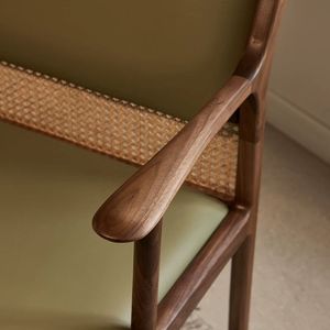 Solid Wood <b>Dining</b> <b>Chair</b> With Leather Upholstery And Rattan Backrest For Living Room Or Hotel Use - Product Image 2
