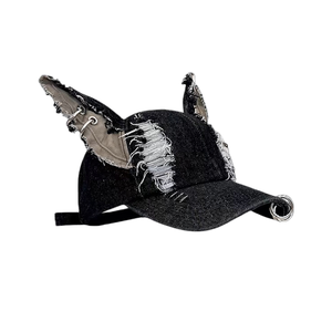 Ripped Denim <b>Baseball</b> <b>Cap</b> With 3D Ears And Metal Rings Punk Style Unisex Adjustable Hat Custom Logo Front Panel - Product Image 3
