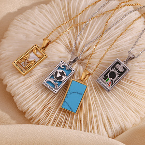 Collier pendentif en acier inoxydable plaqué <span class=keywords><strong>or</strong></span> 18 carats, gouttes <span class=keywords><strong>d</strong></span>'huile colorées, émail, zircon carré, carte de tarot, bijoux design vintage - Product Image 5