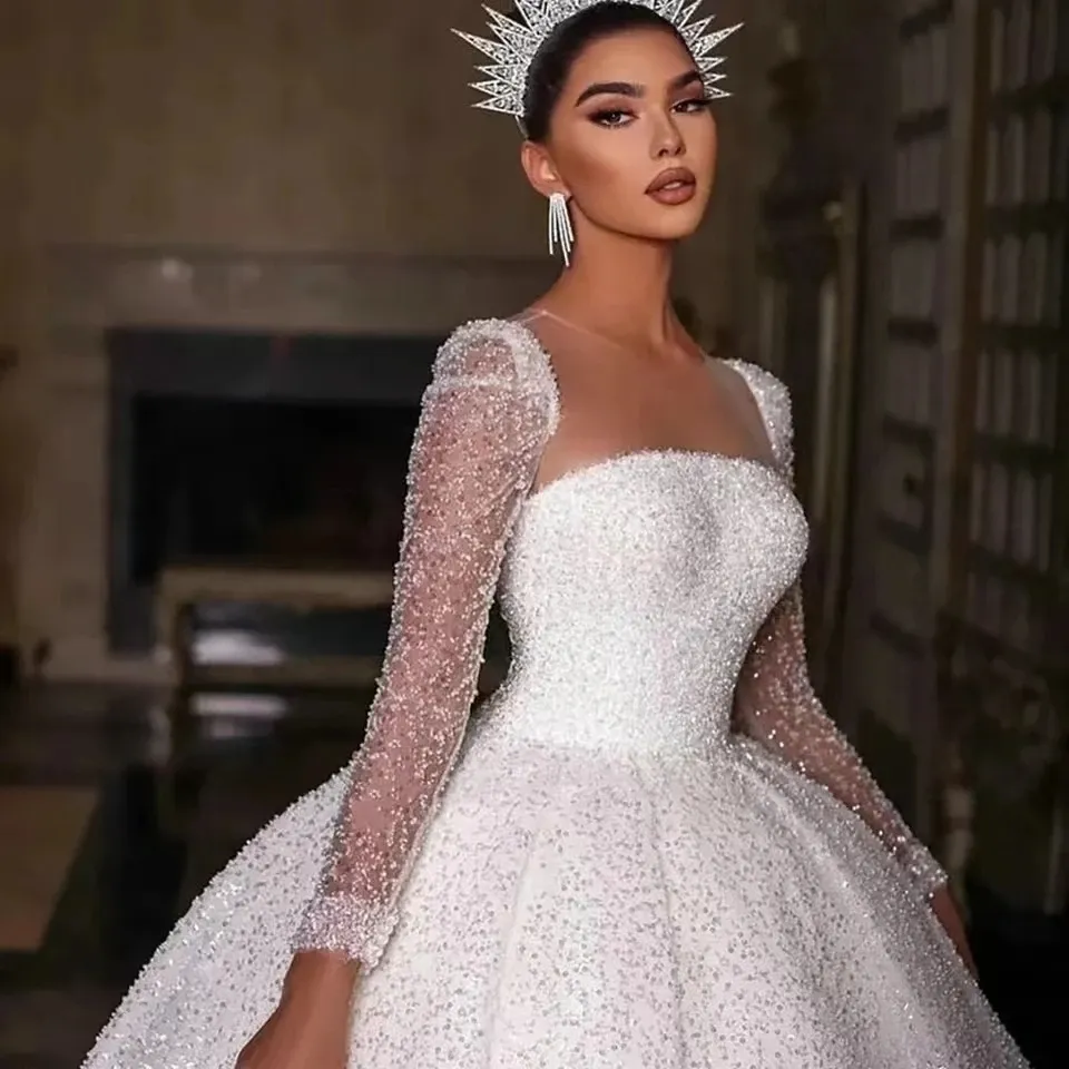 Luxury Exquisite Long Sleeves Wedding Dress Sparkly Sequins Ball Gown Court Train Bridal Gowns For Women 2023 Custom Made