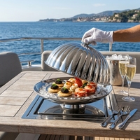 Plateau de service en acier inoxydable poli miroir avec couvercle en dôme, plateau de présentation alimentaire pour hôtel, restaurant, traiteur, fête