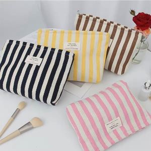OEM Custom Stripe Portable Travel <b>Cosmetics</b> Wash <b>Bag</b> Stripes <b>Large</b> Toiletry Pouch Eco Cotton Canvas <b>Cosmetic</b> Make up <b>Bag</b> - Product Image 5