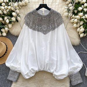 Blouse Woman High-End Style Heavy Industry Nailed Bead <strong>Glitter</strong> Loose Slimming Satin <strong>Top</strong> Woman Blouses for <strong>Lady</strong> - Product Image 2