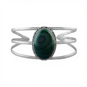 Bracelet manchette en argent sterling 925 avec malachite, pierre précieuse verte naturelle ovale sertie clos, bijou statement pour femme, à porter au quotidien - Product Image 1