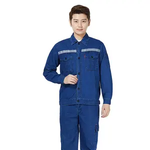 Pabrik langsung musim panas lengan pendek pakaian kerja jaket Jeans Denim celana keseluruhan seragam disesuaikan pakaian kerja Denim