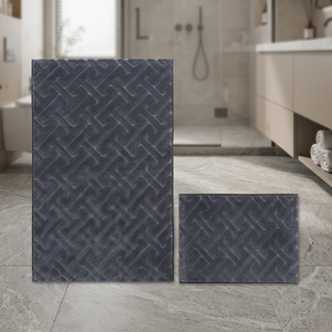 Dark Grey Recycled Cotton Yarn Dyed Jacquard Woven Luxury Bath Rug <b>Set</b> 40x60cm + 60x100cm Home & Hotel Use Made in Turkey - Product Image 3