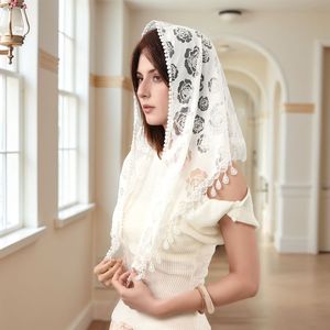 Elegante chal para mujer, <span class=keywords><strong>velo</strong></span> de boda, chal para iglesia, pañuelo triangular de encaje calado con rosas bordadas y borlas - Product Image 2