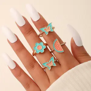 2021 Ins-inspired Popular Jewelry Set with Colorful Drip 4-piece Ring Set and Flower, Mushroom, Watermelon, and Butterfly Rings