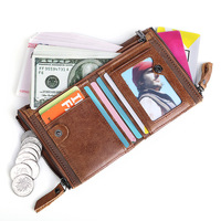 Dompet Pendek Kulit Asli dengan Dua Resleting, Banyak Slot Kartu, Kantong Koin, Dompet Lipat Kulit Sapi Vintage untuk Pria, Penggunaan Sehari-hari Kasual.