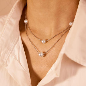 Collier tendance et élégant en acier inoxydable plaqué or 18K 14K double couche avec perles collées, fabrication américaine - Product Image 2