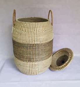 Decorative Two-tone Striped <b>Wicker</b> Laundry Basket with Cover and Rope Handles Rustic Handmade Home Storage Organizer <b>Bin</b> - Product Image 6