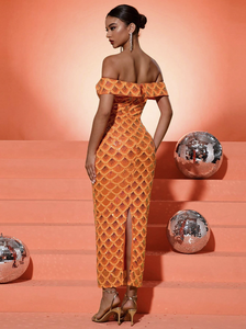 Abito da sera a sirena <span class=keywords><strong>arancione</strong></span> con paillettes e spalle scoperte, con motivo a squame, aderente, per feste formali, cocktail o serate di gala - Product Image 3