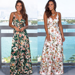 2023 multicolore tropicale <span class=keywords><strong>Jungle</strong></span> Leaf Boho abito lungo con spalline Cross Back da donna con scollo a V da sera eleganti Sexy Maxi abiti estivi - Product Image 4