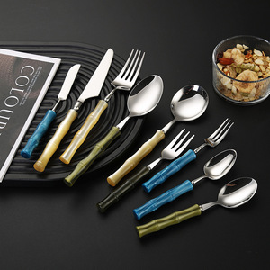 304 Stainless Steel Western Dinnerware Set Bamboo Handle Steak Knife Fork Spoon <b>Dessert</b> Soup Party Use Durable - Product Image 1