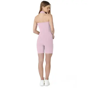 Mono Deportivo Sin Mangas Rosa para Mujer con Cintura Alta, Efecto Push-Up Levanta Glúteos, Tejido Elástico de Punto, Largo Bermuda, Liso - Product Image 1