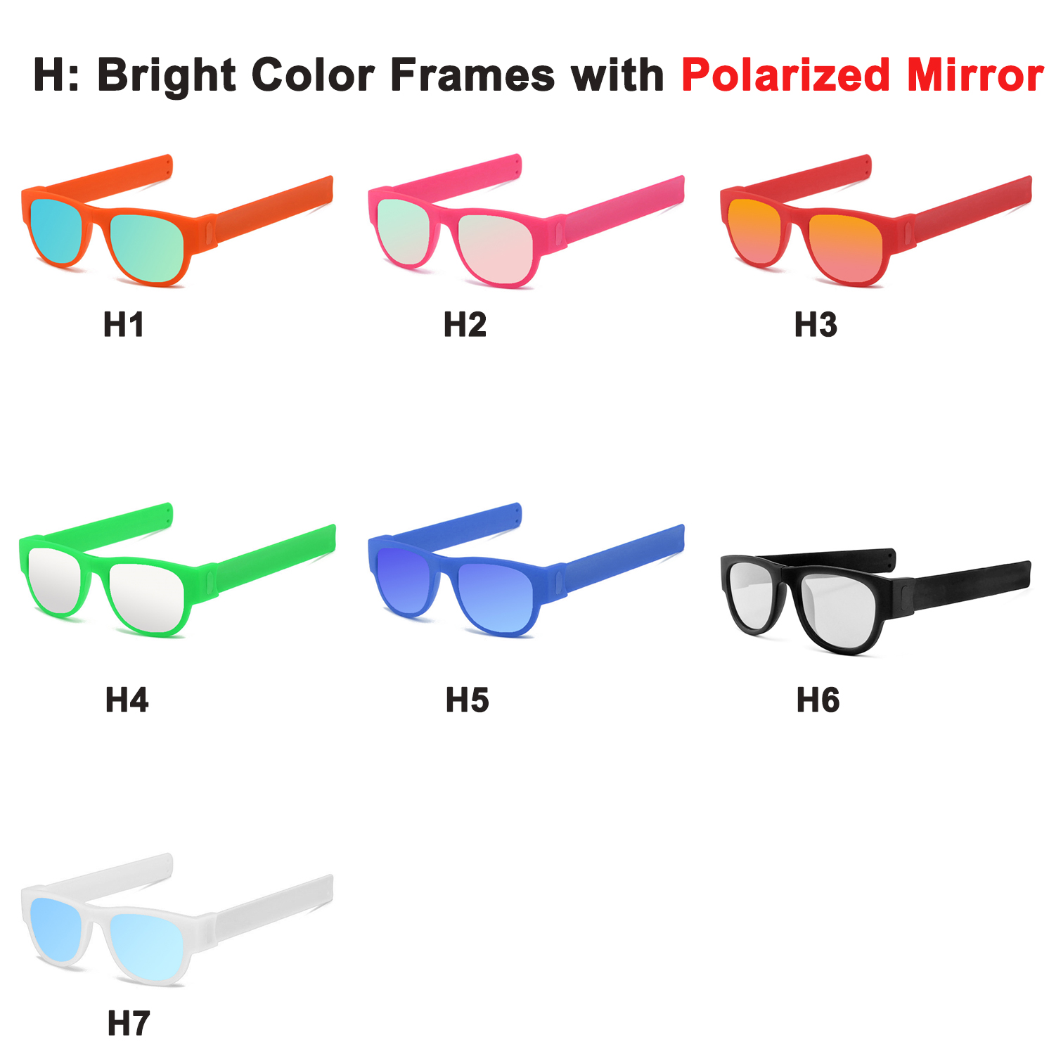 H : montures de couleur vive avec miroir polarisé.