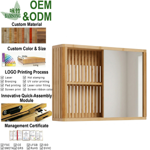 Moderno y Minimalista Gabinete de <span class=keywords><strong>Baño</strong></span> <span class=keywords><strong>con</strong></span> Espejo y Listones de Bambú, <span class=keywords><strong>con</strong></span> Estantes Abiertos, Gabinete de Espejo de Vanidad Montado en la Pared para <span class=keywords><strong>Baño</strong></span> - Product Image 1