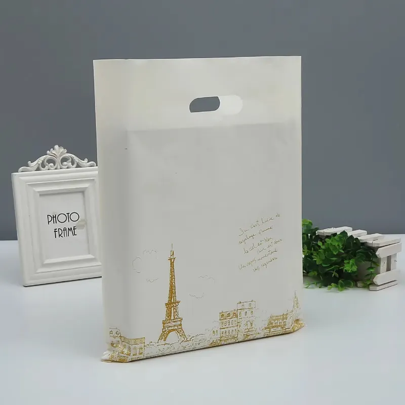 Tas belanja dengan pegangan skyager poli grosir dapat digunakan kembali cetak kustom Logo tas pakaian kualitas tinggi plastik Menara Eiffel