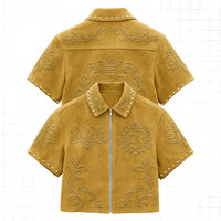 T-shirt Homme Court et Ample en Daim avec Fermeture Éclair, Style Streetwear, Personnalisé par le Fabricant, Orné de Strass Diamant et Motifs en Relief