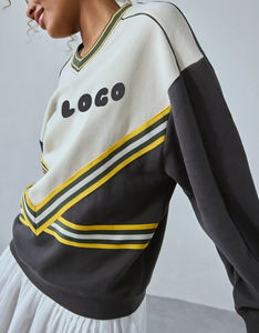 Sudadera de lujo para mujer al por mayor, estilo universitario, con cuello redondo, rayas, puños elásticos acanalados personalizados, bloques de color, bordada, para invierno - Product Image 2