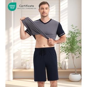 Pijamas para hombre de manga corta con cuello en V, ropa de dormir con pantalones cortos, conjunto de ropa de estar transpirable de algodón tejido y fibra de bambú. - Product Image 2