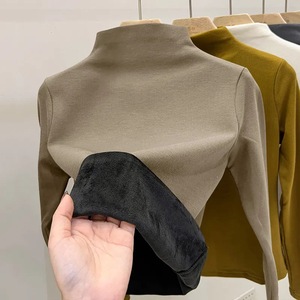 Women's High Neck Fleece Lined Long Sleeve <b>Top</b> Mustard Warm Solid Color Polyester Sweatshirt Autumn Winter Base <b>Layer</b> - Product Image 5