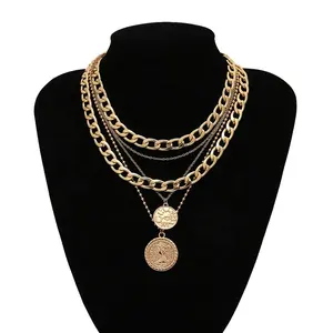fashion vintage layer handmade hot sale beaded person gold pendant multiple necklace coin