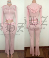 Ensemble 2 pièces Y2K 2026 pour femme, motif pois, maille transparente, haut court zippé à manches longues et pantalon évasé, survêtement de fête en maille transparente avec logo personnalisé