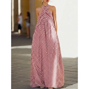 Robe longue maxi pour femme à rayures diagonales, col halter croisé, sans manches, ample et fluide, avec poches, idéale pour les vacances - Product Image 3
