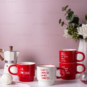Vente en gros de tasses à café en céramique empilables pour la cuisine verres en porcelaine avec citations drôles et poignée rouge tasses quotidiennes tendance pour la maison et le café - Product Image 5