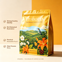 Sachet de café personnalisé imprimé, qualité alimentaire, à fond carré, scellé sur huit côtés, en feuille mate, avec fermeture éclair et valve de dégazage unidirectionnelle pour café torréfié
