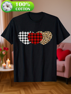 T-shirt da donna per San Valentino, stampa leopardata a cuori e quadri, 100% cotone, stile streetwear, manica corta, girocollo, vestibilità regolare - Product Image 2