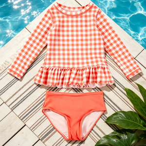 Traje de Baño de Dos Piezas para Niñas con Protección UPF50, Diseño de Bikini con Volantes, Elástico en 4 Direcciones, Material Spandex/Nylon, Estampado a Cuadros - Product Image 1
