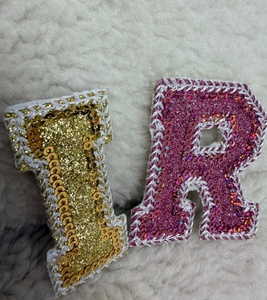 Anti-Fray & Crack Resistant Full Merrow Border Glitter Pink Bottom Letter Iron On <b>Sequin</b> Embroidery Patches for Clothing - Product Image 2