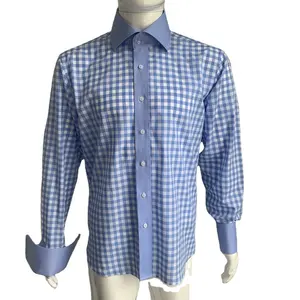 OEM/ODM mavi pötikareli ekose gömlek fransız manşet yüksek kesit yaka armürlü elbise gömlek erkek gömlek % 100% pamuk