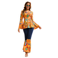 Costume de disco vintage des années 70 pour femmes Costume imprimé Hippie Cosplay des années 80 avec bandeau pour Halloween Party & TV & Movie Costumes
