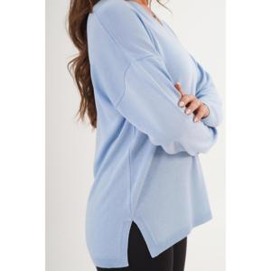 Suéter de Punto Azul Bebé al por Mayor, Estilo Vintage, Cuello en V, Abertura Lateral, Diseño Estampado Informal, Largo, para Mujer, Primavera e Invierno - Product Image 2
