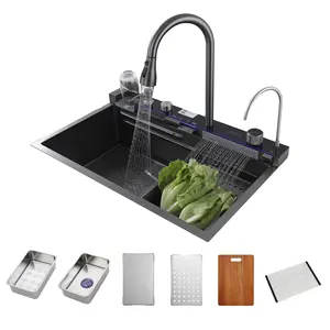حوض مطبخ من الفولاذ المقاوم للصدأ متعدد الوظائف بلون أسود من الفريغادرو مع شلال ماء صنبور مطبخ بشاشة رقمية