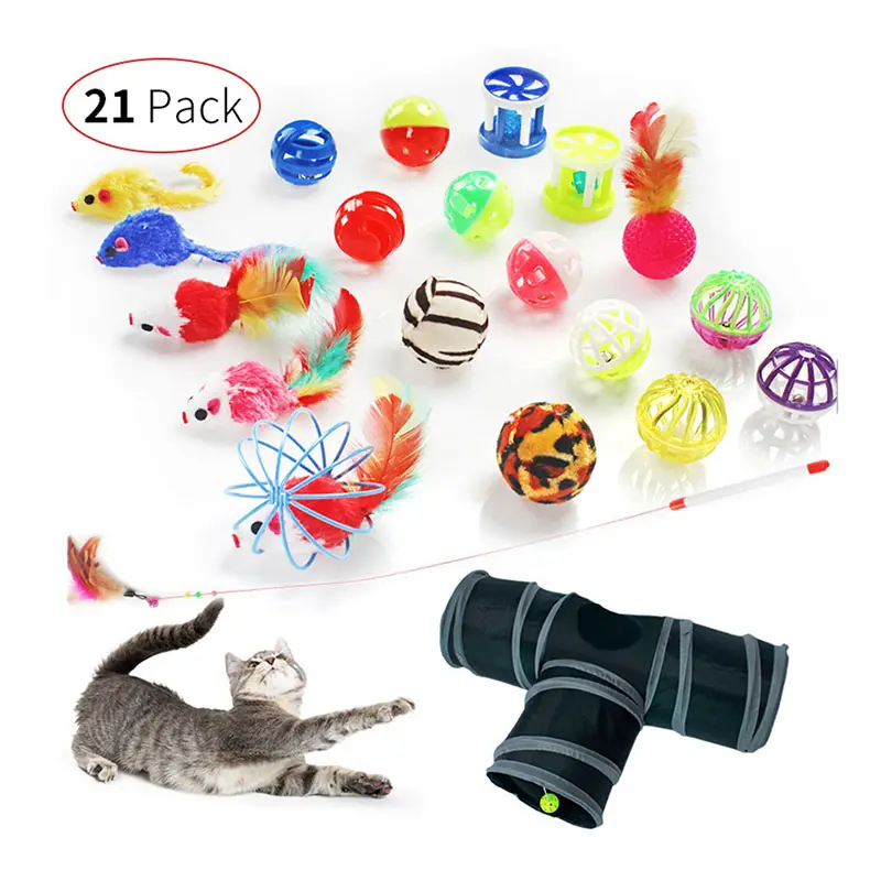Wholesale 21Pack Indoor Outdoor Interactive Kitten Toy Cat Tunnel Balls Bell Feather Teaser Wand Mice Toys